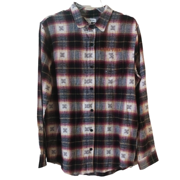 PacSun Womens Medium Burgundy Yellow "Care Free" Patch Plaid Flannel Button Up - Picture 1 of 11
